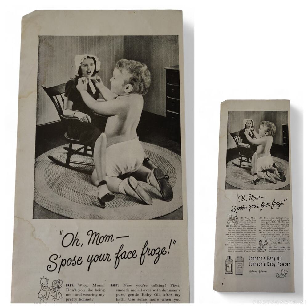 1946‎ Johnson’s Baby Print Ad Mom Baby Role Reverse Surreal Face Froze Ephemera